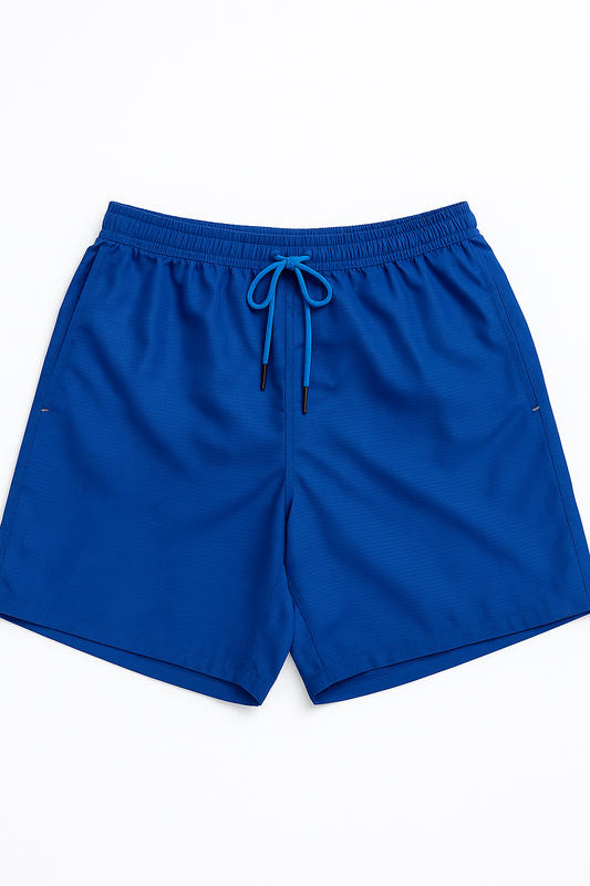 Blue shorts with a drawstring on a white background