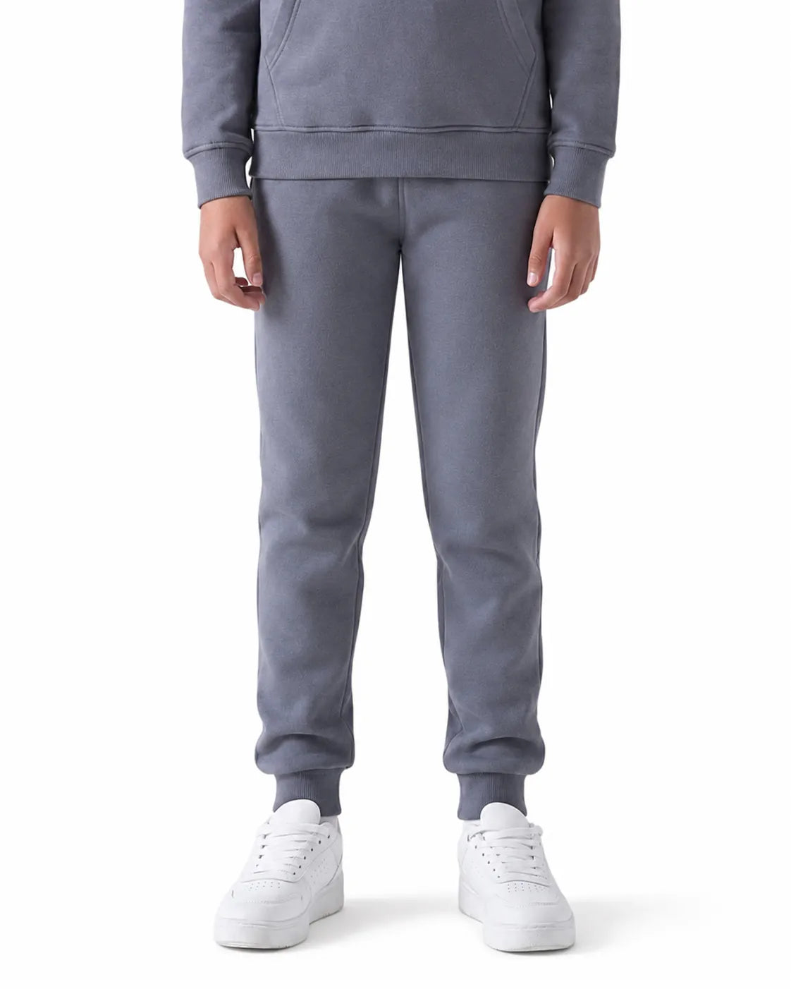 Front view of girls' milton grey sweatpants (65% cotton & 35% polyester) paired with a matching hoodie by TREE.