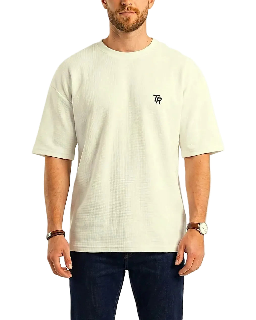 Front view of a men's 100% cotton oversized t-shirt with a textured finish and embroidered TR logo by TREE.