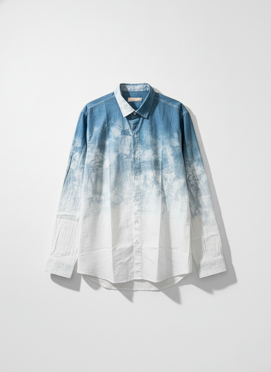 Blue and white tie-dye shirt on a light gray background