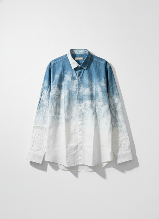 Blue and white tie-dye shirt on a light gray background