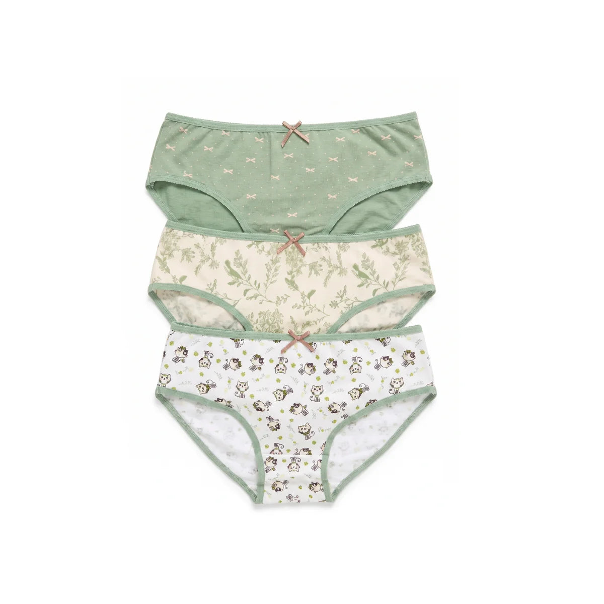 Girls' green 3-pack printed underwear set with bow detail from TREE
