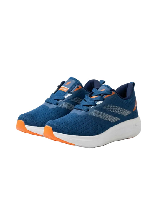 Front view of a kids' dark blue fashion sneaker featuring a chunky sole, orange highlights, and pull tab by TREE.