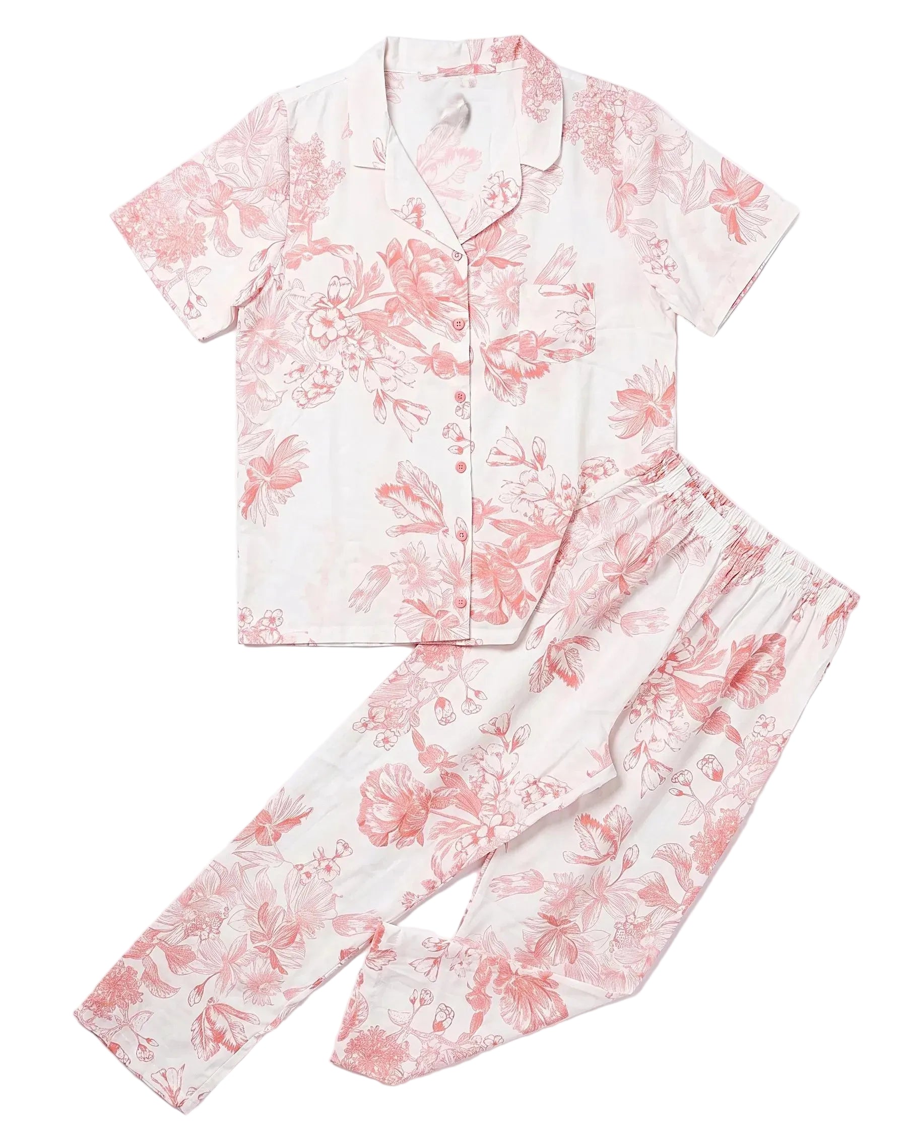 Front view of a women's 100% viscose pajama set featuring a navy floral print in a relaxed fit by TREE.