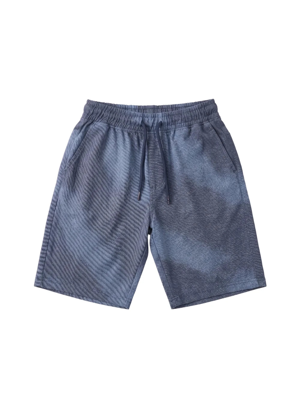 Men's casual navy textured shorts with an elastic drawstring waist and side pockets.