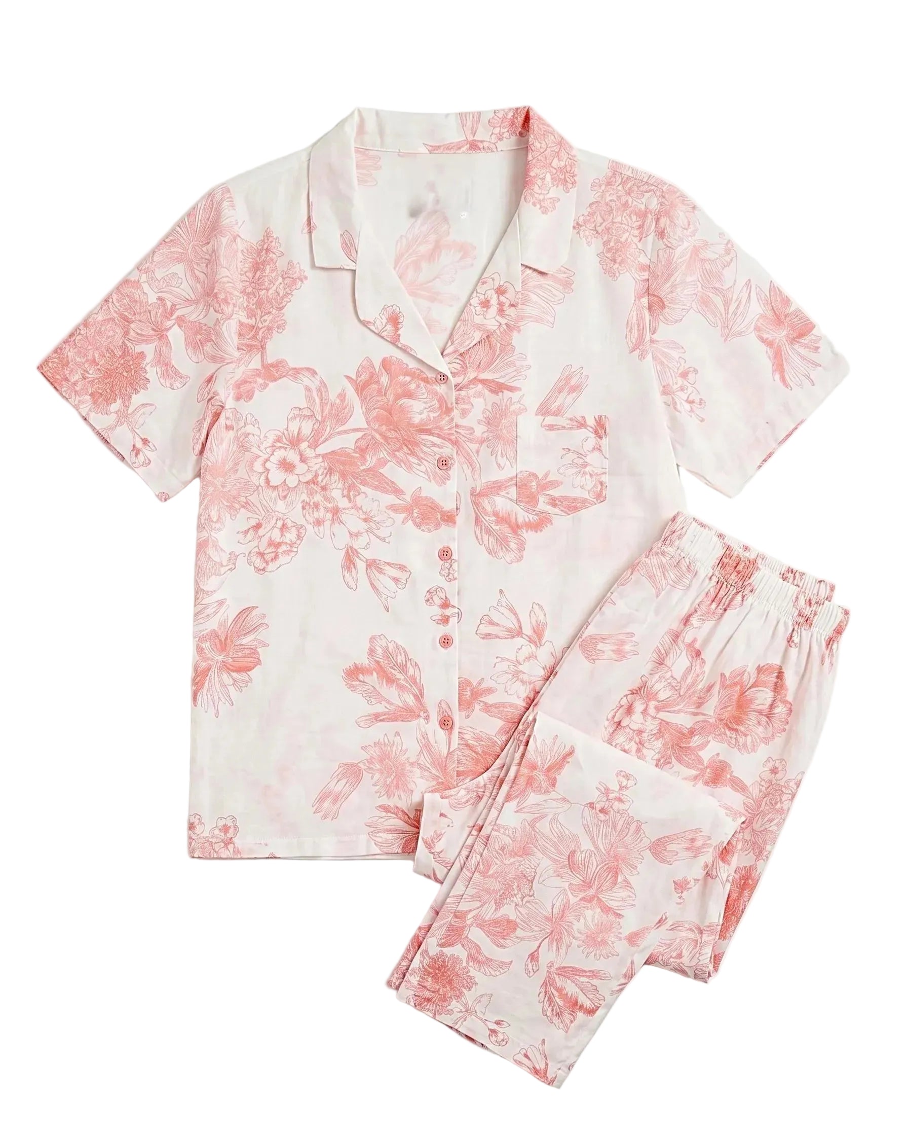 Front view of a women's 100% viscose pajama set featuring a navy floral print in a relaxed fit by TREE.