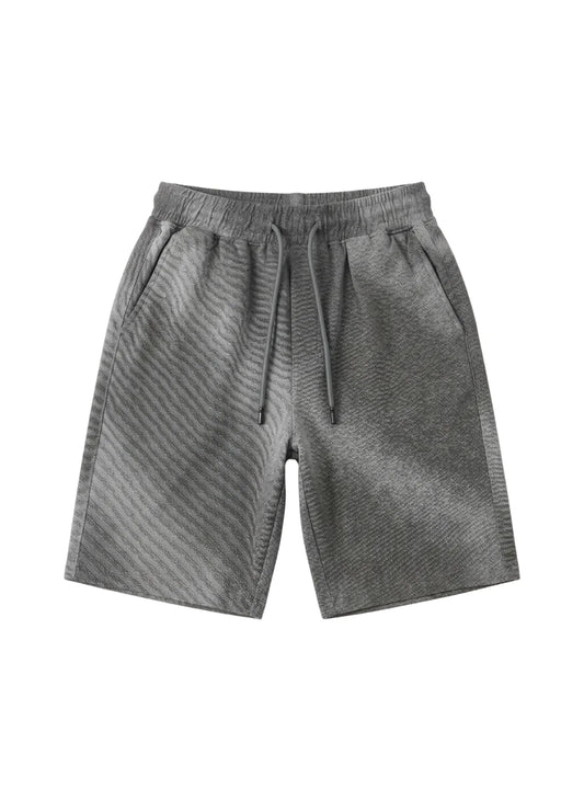Men's casual grey textured shorts with an elastic drawstring waist and side pockets.