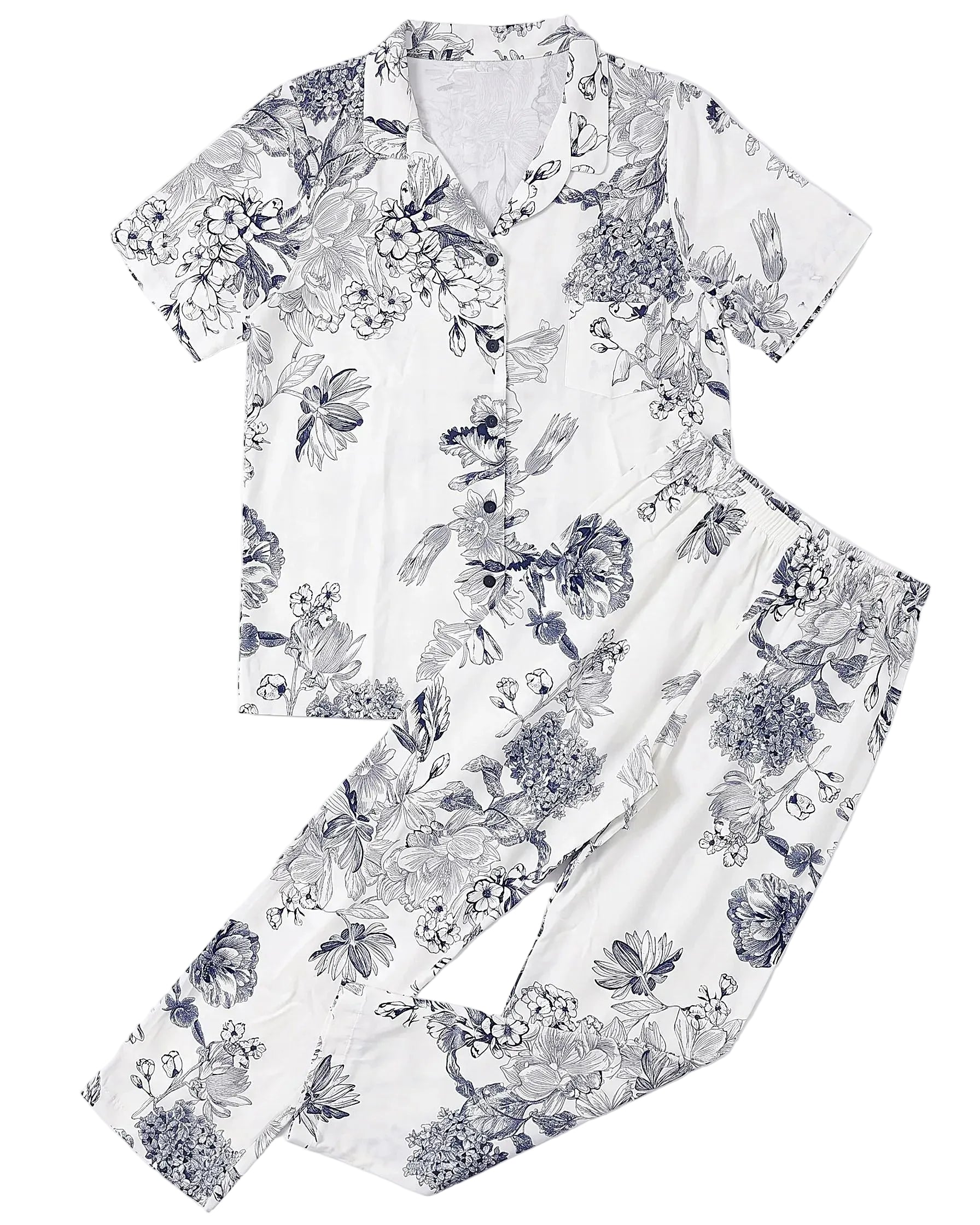 Front view of a women's 100% viscose pajama set featuring a navy floral print in a relaxed fit by TREE.