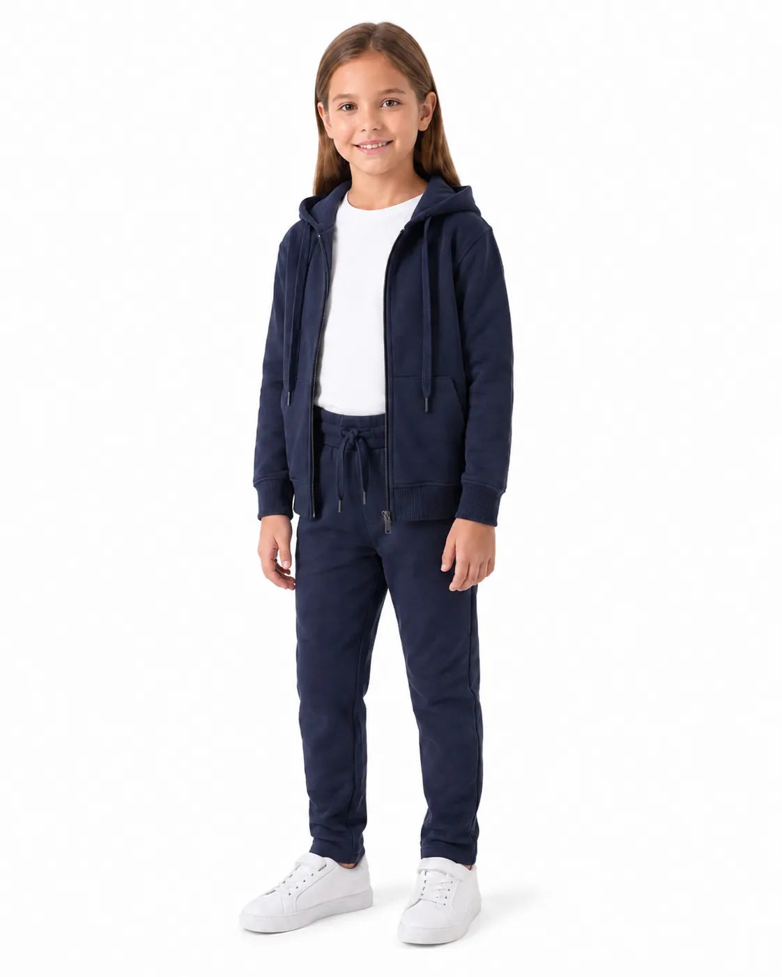 Young girl modeling a Girls' Navy Milton Zip Hoodie and matching sweatpants