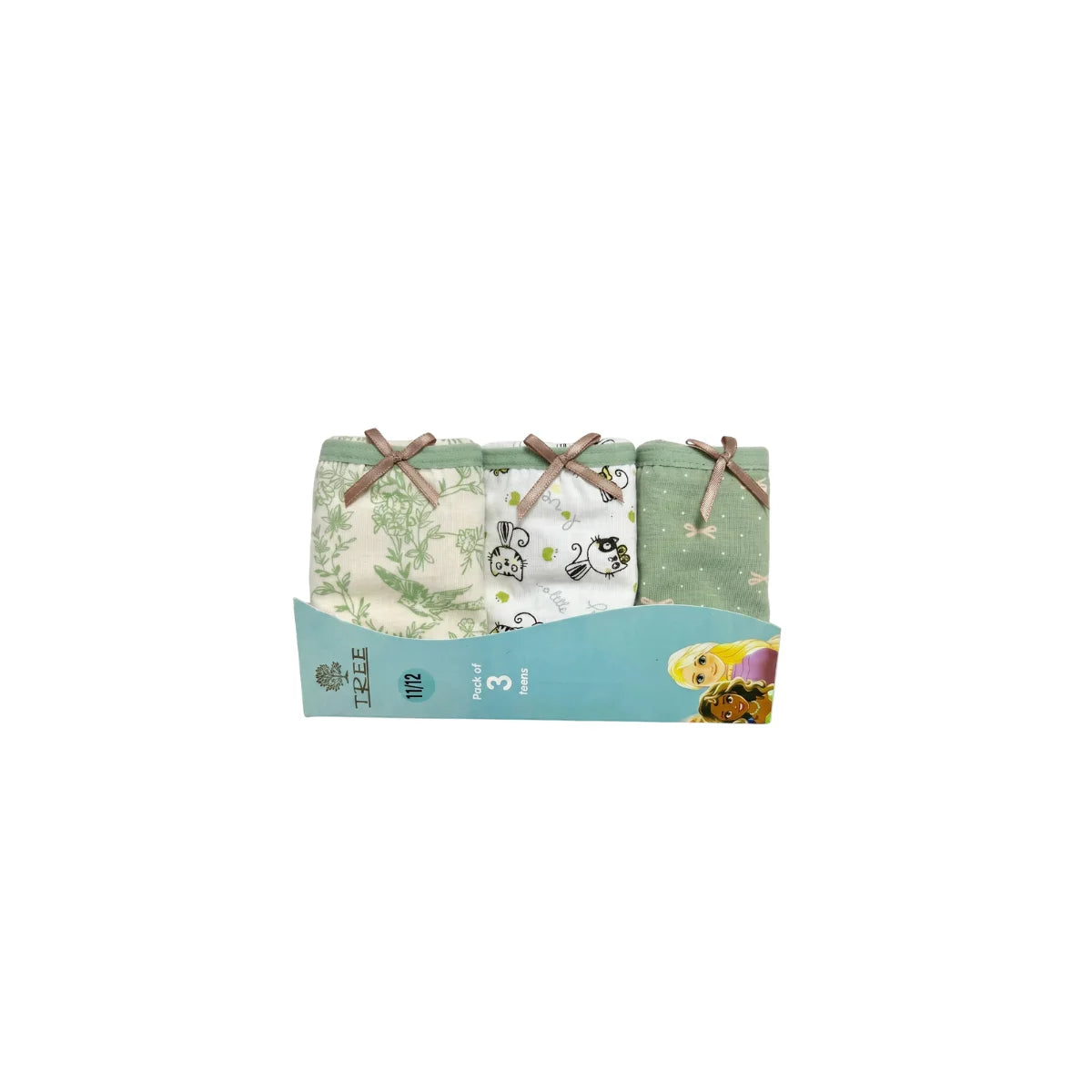Close-up of the green 3-pack printed underwear set with bow detail from TREE