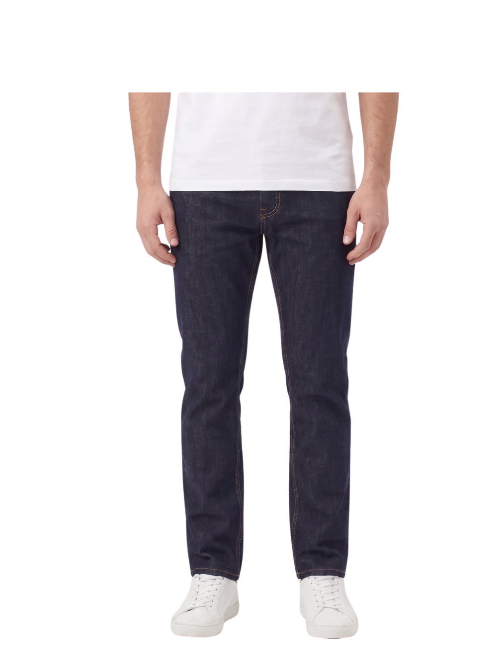 Front view of a man wearing blue black regular fit jeans from TREE.