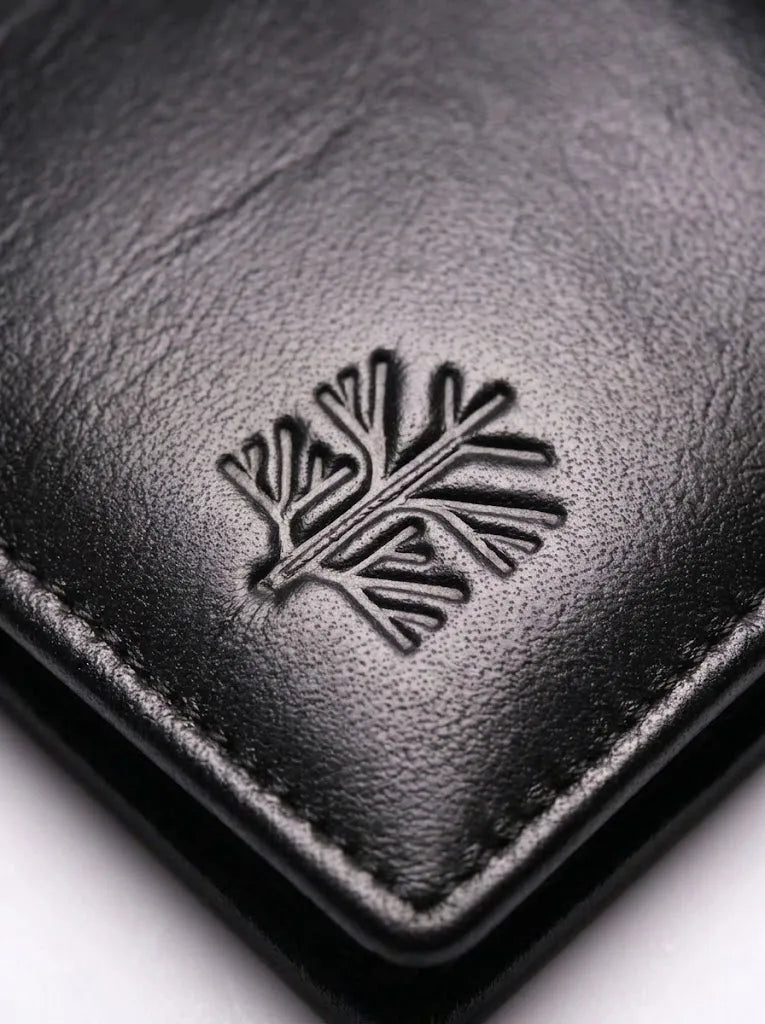 Close-up branding and leather texture details of men's black wallet from TREE