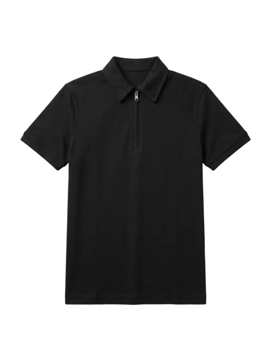 Front view of a man wearing a black zip piqué polo shirt featuring a regular fit by TREE.