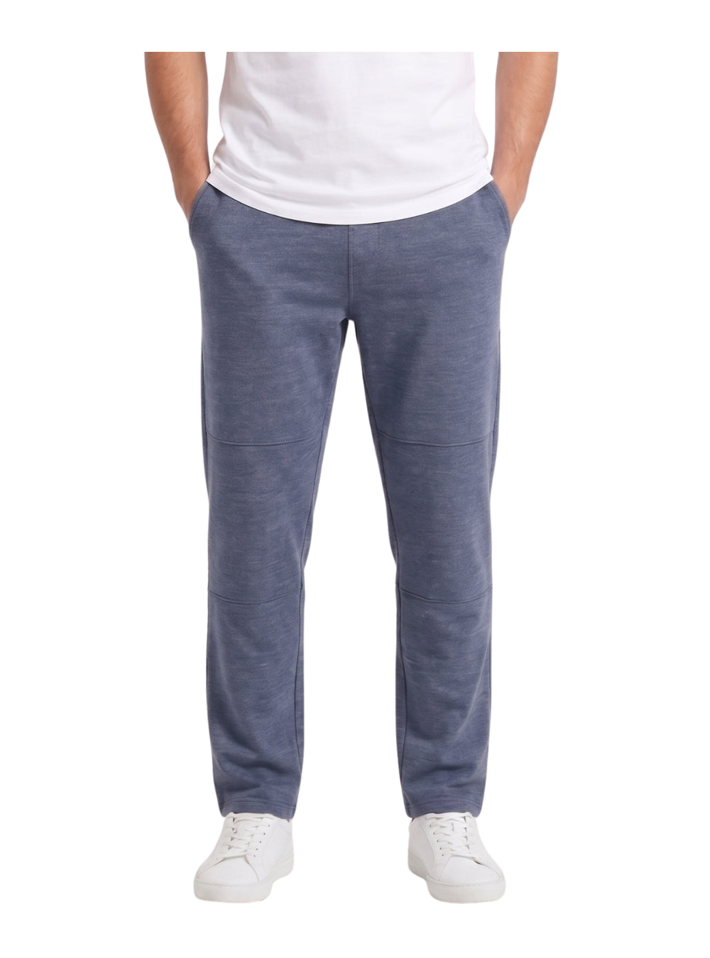 Front view of a man wearing men's summer navy wide-leg pants from TREE