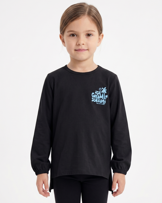 Girls' printed t-shirt oversized with long sleeves - Black