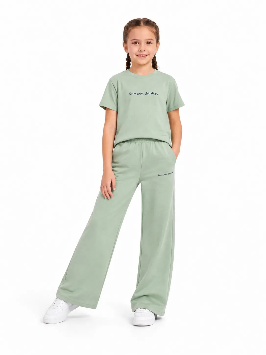 TREE girls mint wide leg 100% cotton sweatpants with elastic waistband and small front text detail
