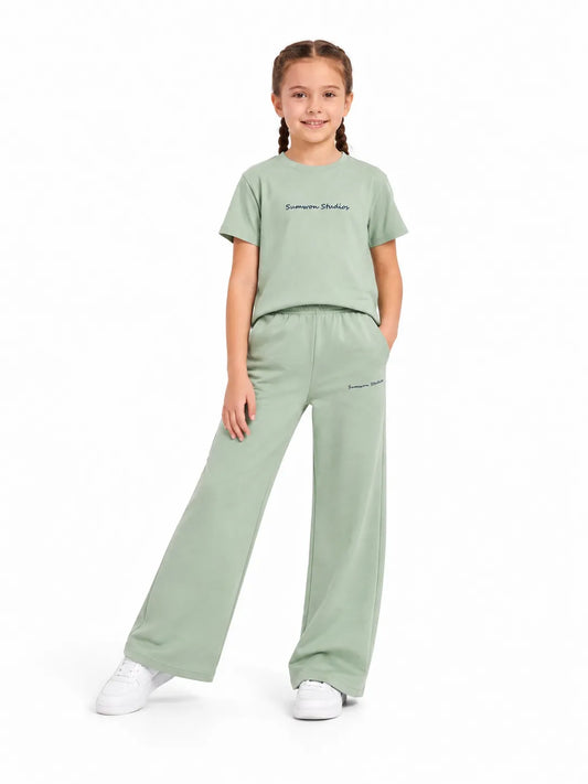 TREE girls mint wide leg 100% cotton sweatpants with elastic waistband and small front text detail