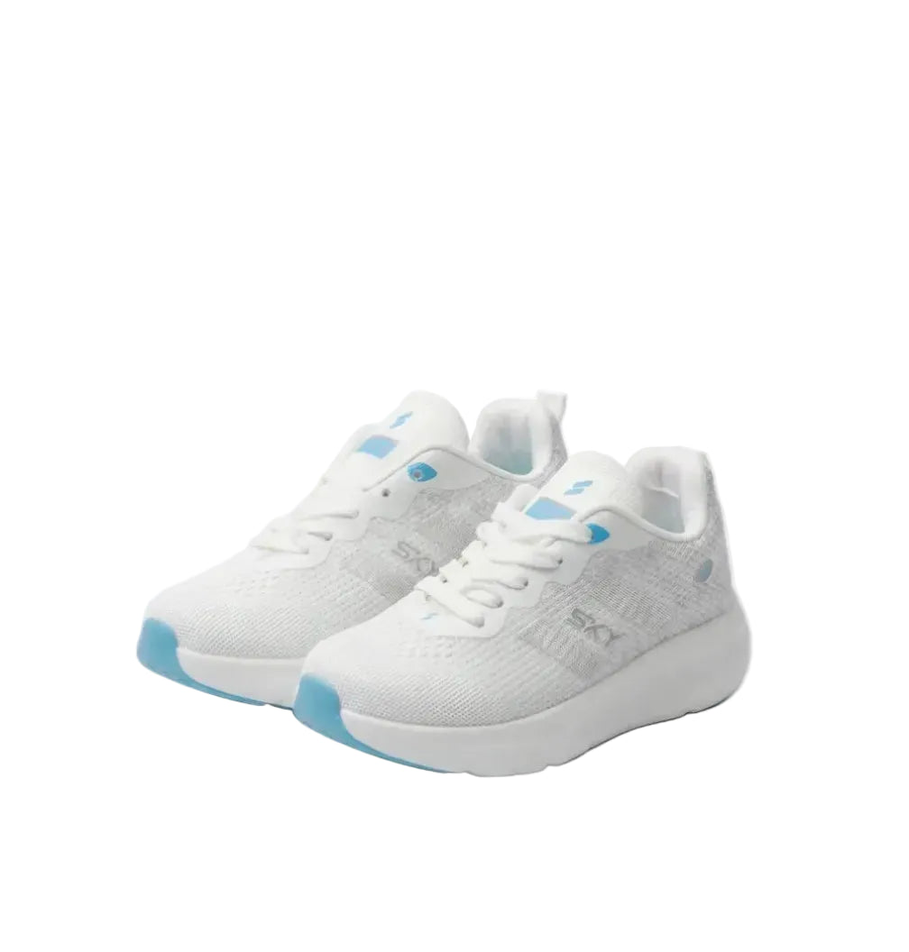 Front view of a kids' white fashion sneaker featuring a chunky sole, blue highlights, SKY branding, and pull tab by TREE.