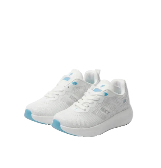 Front view of a kids' white fashion sneaker featuring a chunky sole, blue highlights, SKY branding, and pull tab by TREE.