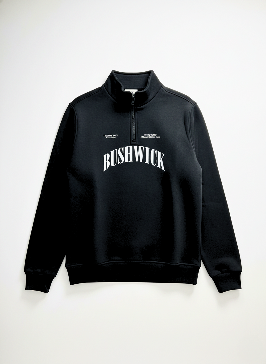 Black hoodie with 'BUSHWICK' text on a white background