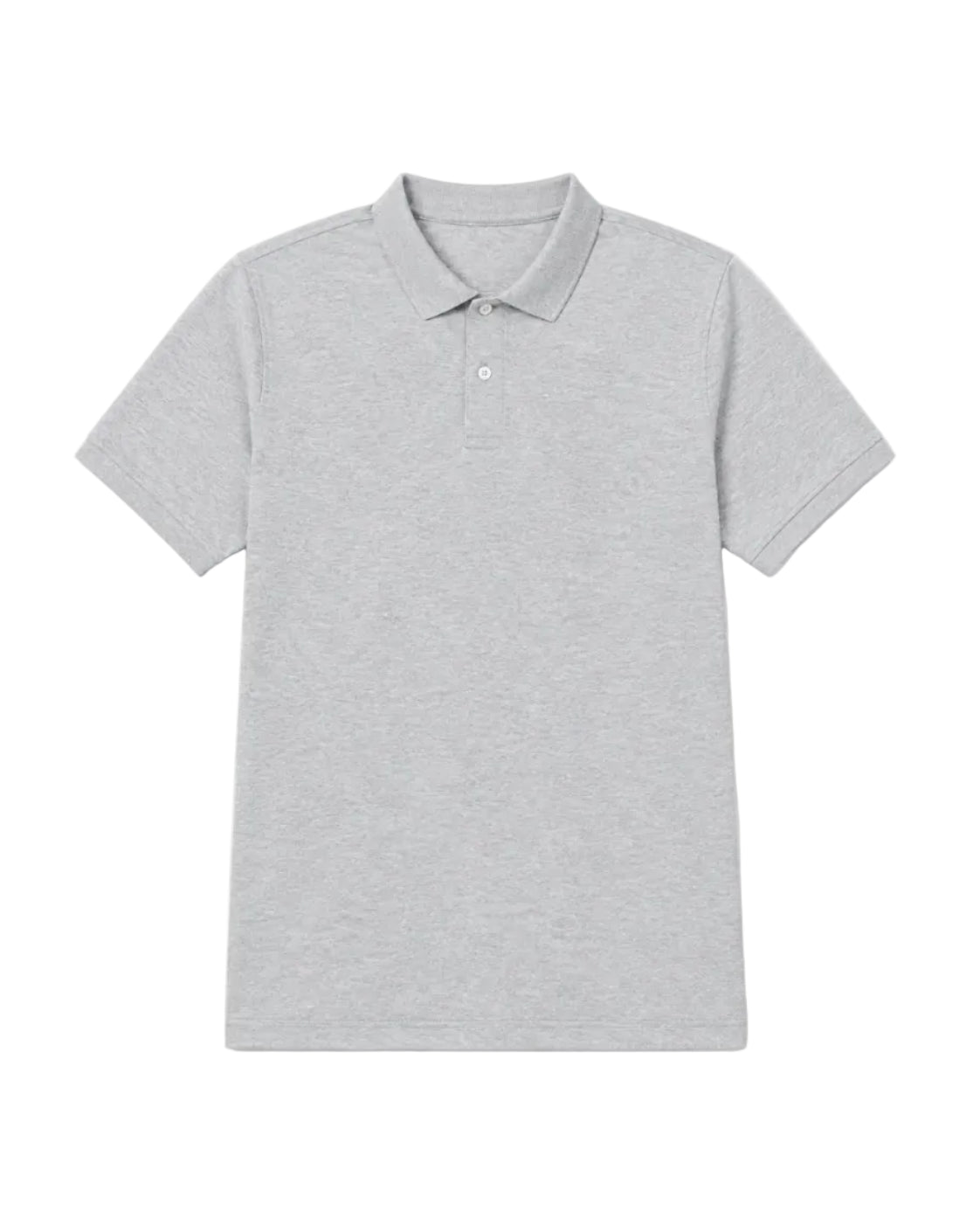 Front view of a man wearing a light grey piqué polo shirt featuring a regular fit by TREE.
