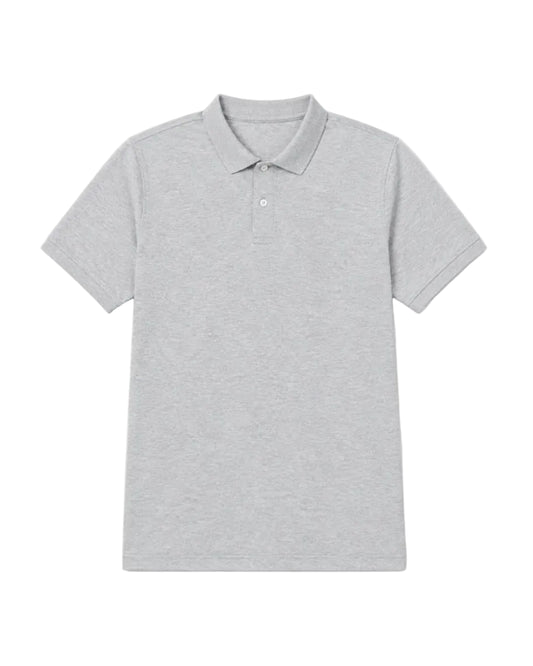 Front view of a man wearing a light grey piqué polo shirt featuring a regular fit by TREE.