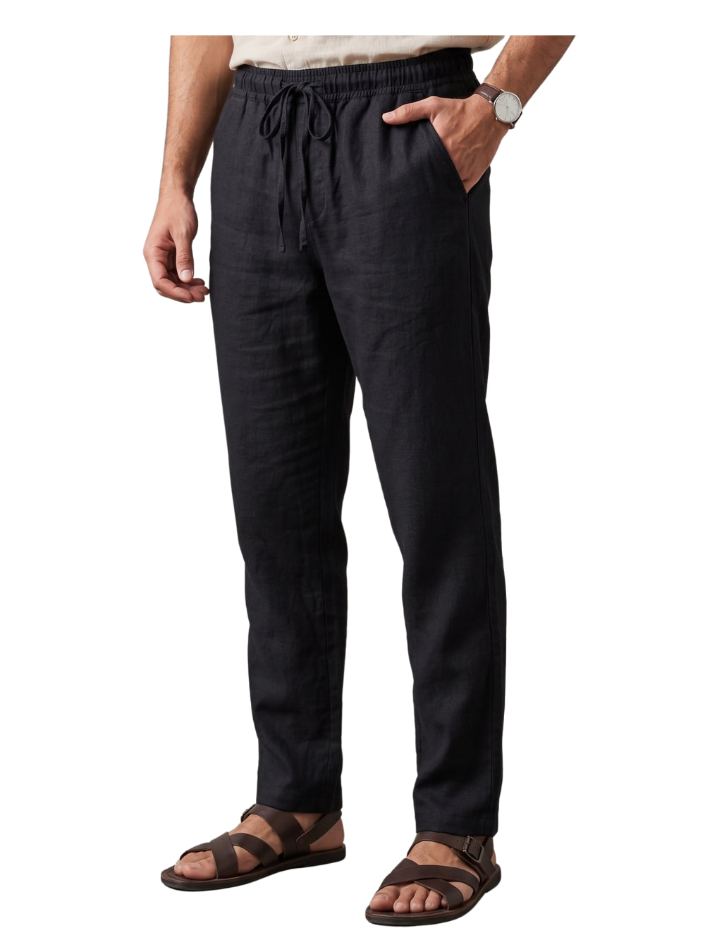  Front view of a man wearing black linen drawstring pants by TREE
