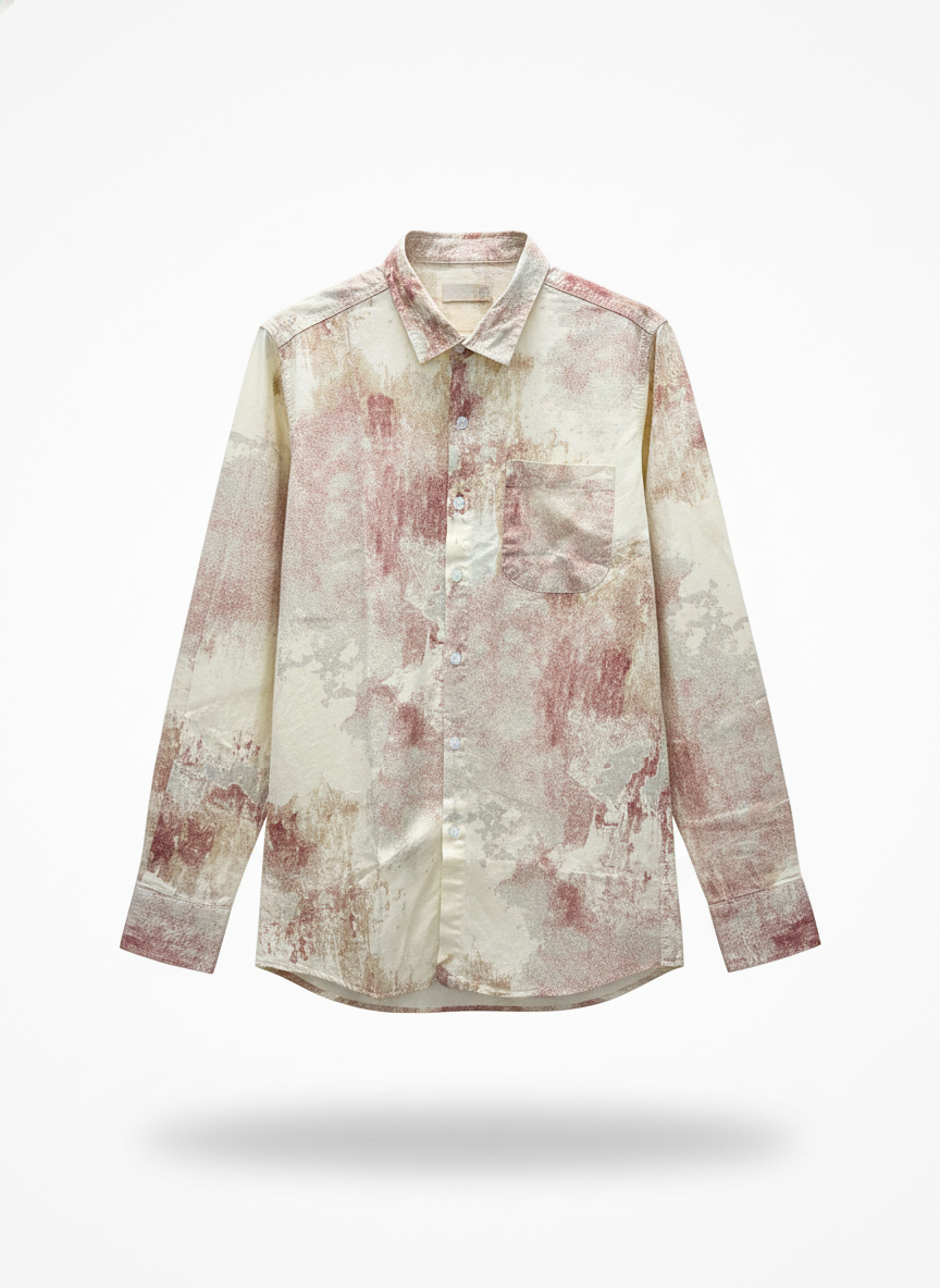 Long-sleeve shirt with a tie-dye pattern on a white background