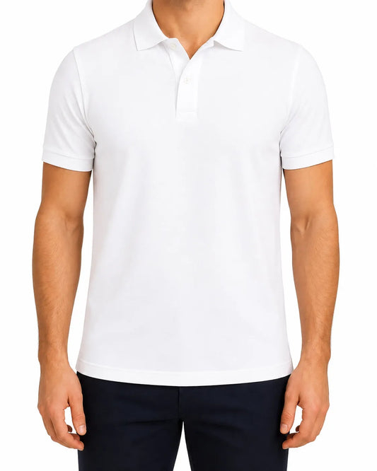 Front view of a man wearing a white piqué polo shirt featuring a regular fit by TREE.