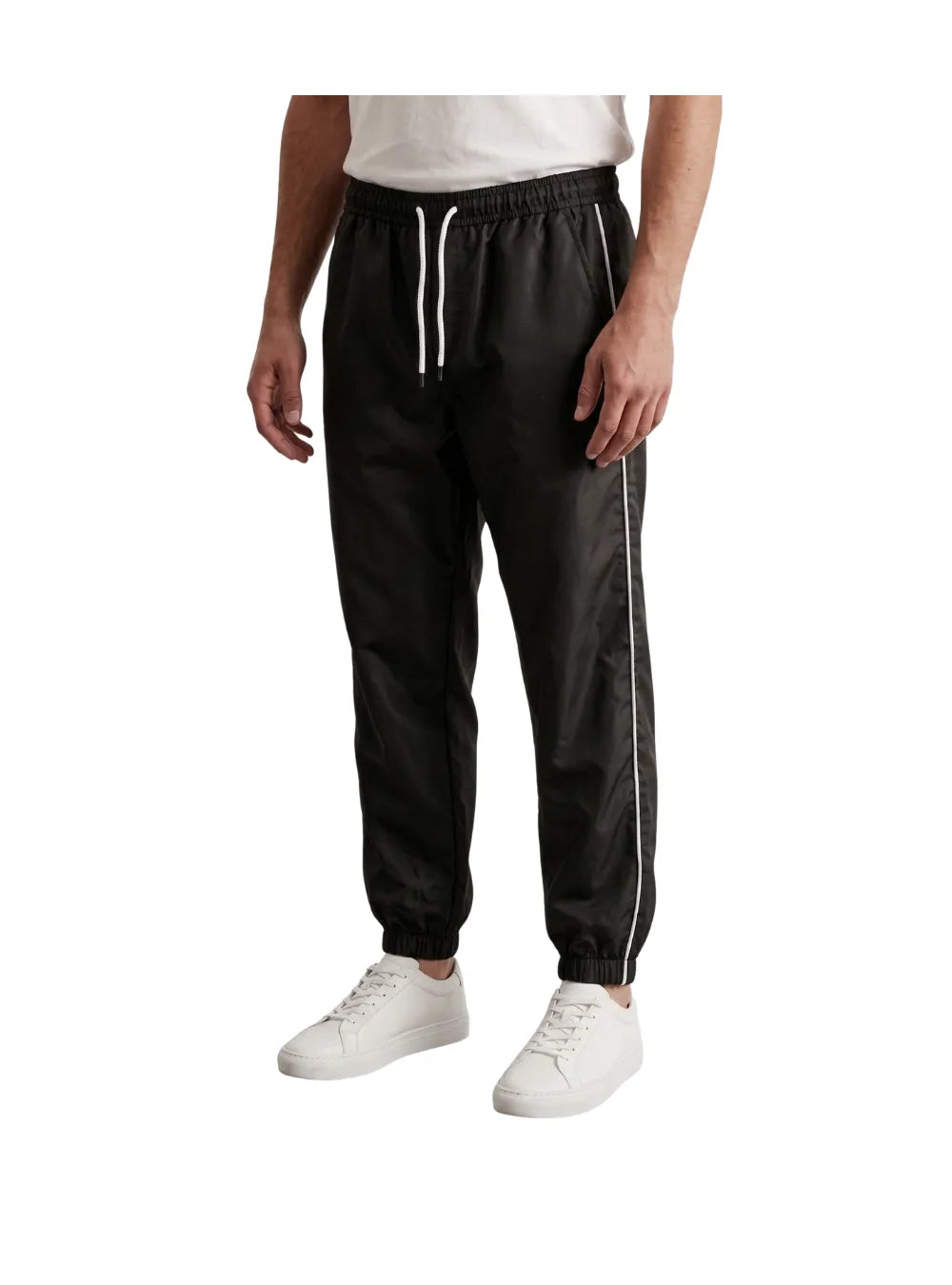 Men's dark grey joggers with white side stripes and cuffed ankles by TREE