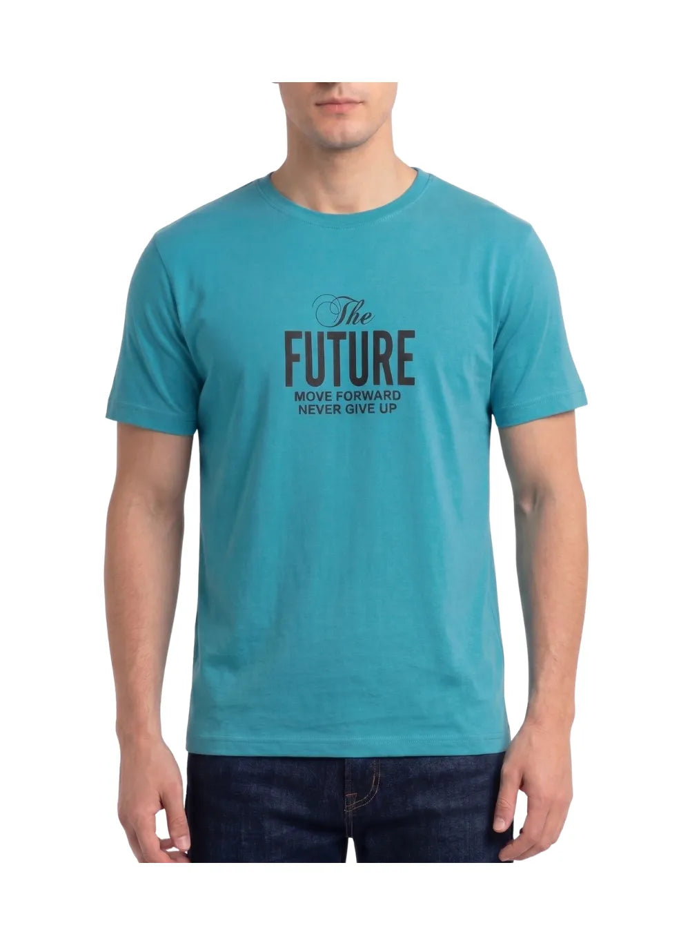 "A man viewed from behind wears a Janzari (teal) short-sleeve t-shirt with a detailed back print. The dark text in the graphic clearly reads 'THE FUTURE IS YOURS,' with smaller text below reading 'MOVE FORWARD NEVER GIVE UP.'"