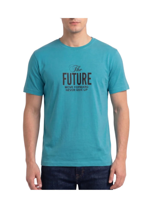 "A man viewed from behind wears a Janzari (teal) short-sleeve t-shirt with a detailed back print. The dark text in the graphic clearly reads 'THE FUTURE IS YOURS,' with smaller text below reading 'MOVE FORWARD NEVER GIVE UP.'"