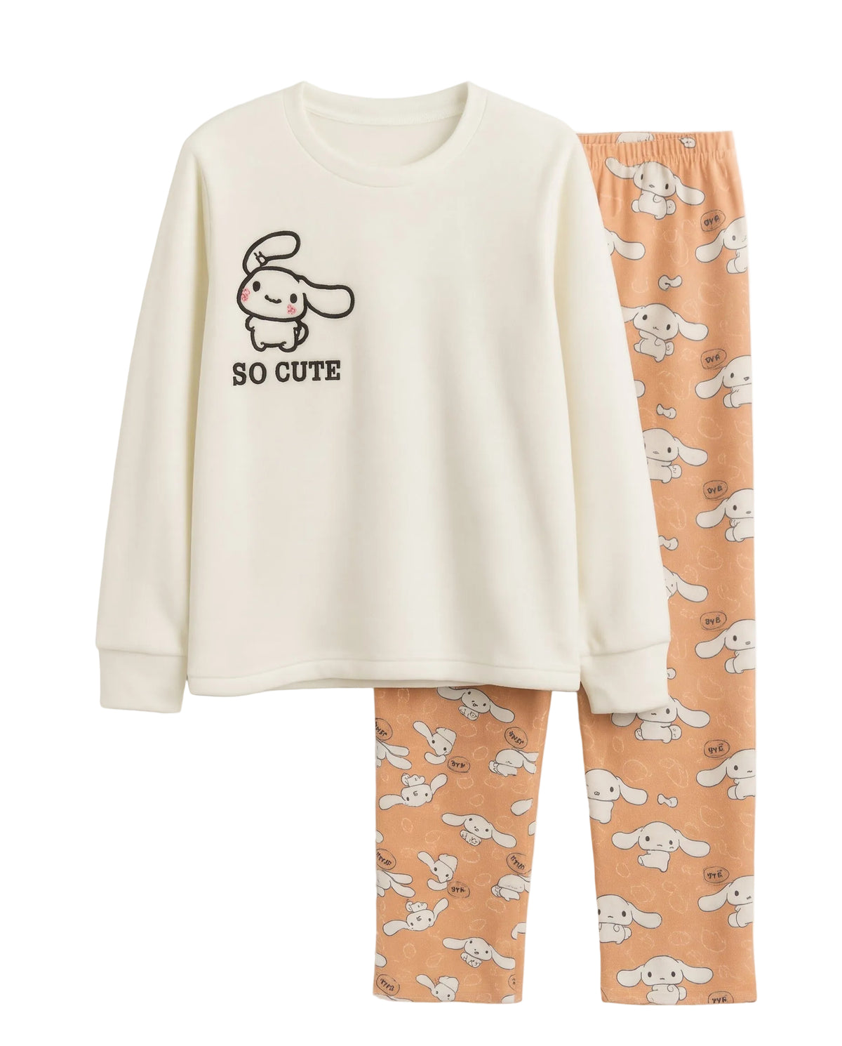 A two-piece children's pajama set featuring a cream long-sleeve top with a black bunny graphic and 'SO CUTE' text, paired with peach pants covered in a white bunny print.