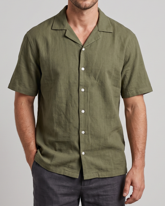 Men's Fashion Short Sleeve Linen Shirt - Olive
