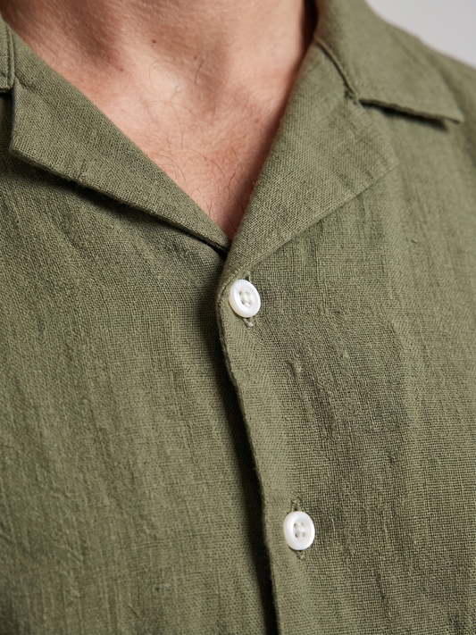Men's Fashion Short Sleeve Linen Shirt - Olive