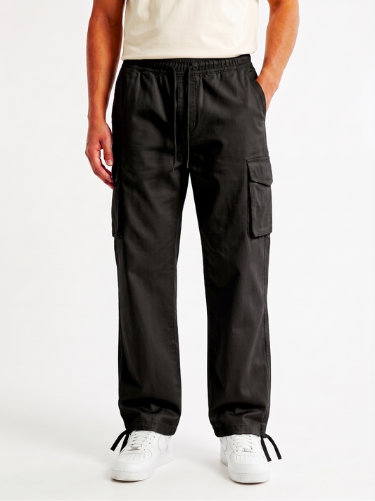Men's Black Cargo Gabardine Pants - Baggy Fit