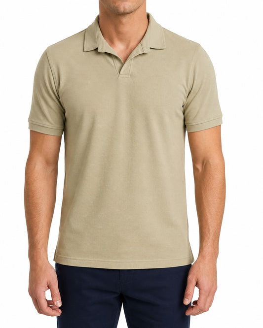 Men’s Sand Beige Open-Collar Polo Shirt – Regular Fit
