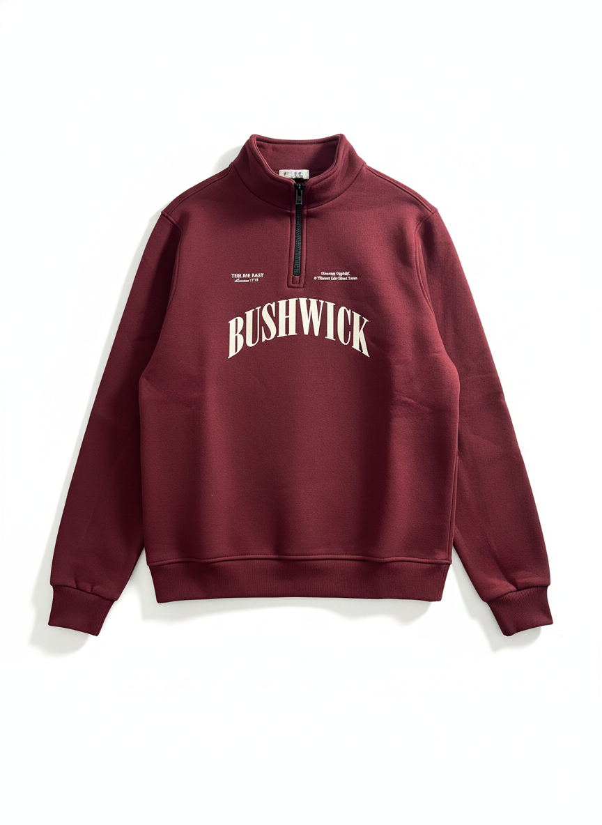 Maroon sweatshirt with 'BUSHWICK' text on a white background