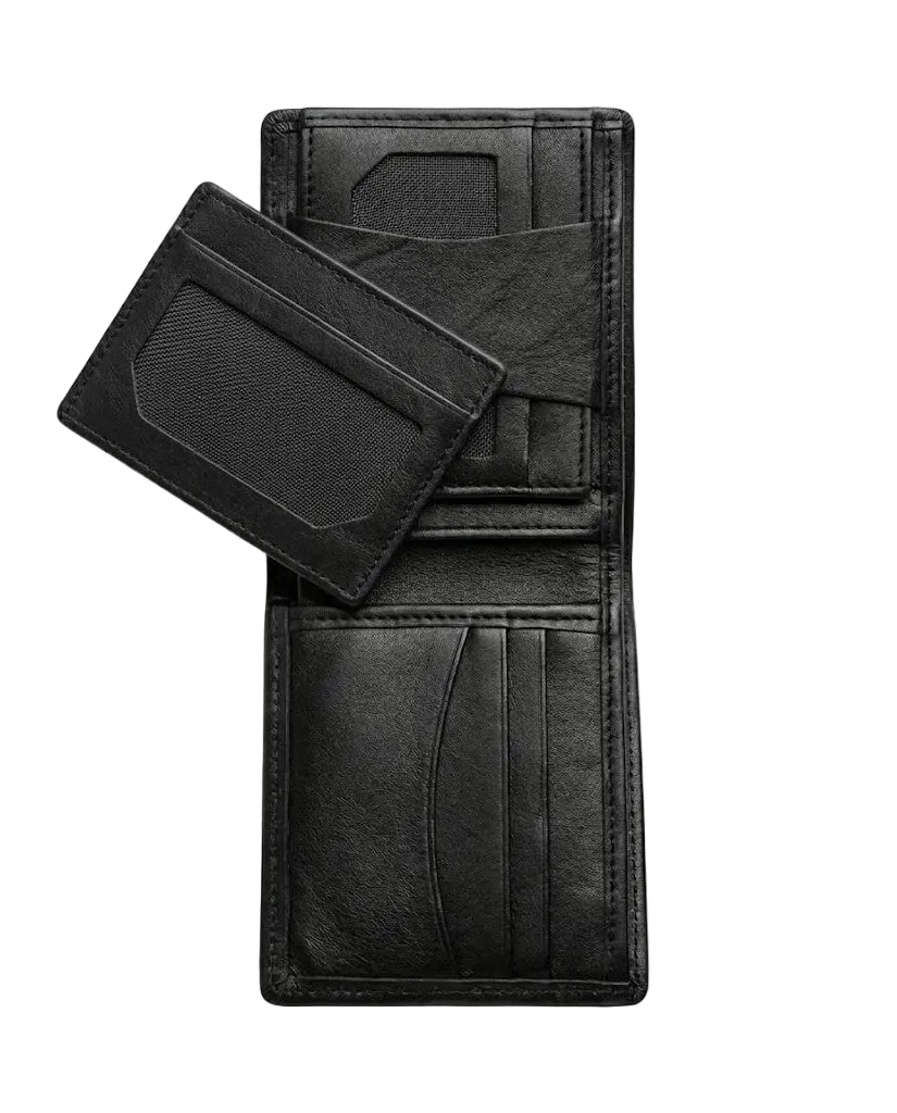 Open view of men's classic black leather wallet from TREE