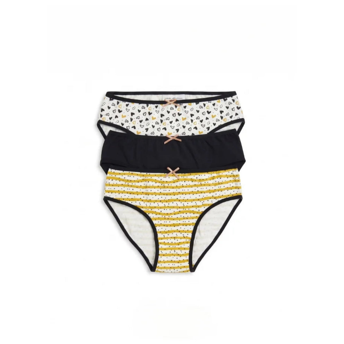 A three-pack of girls' briefs from TREE, featuring heart-print, navy, and yellow polka-dot pairs with small decorative bows