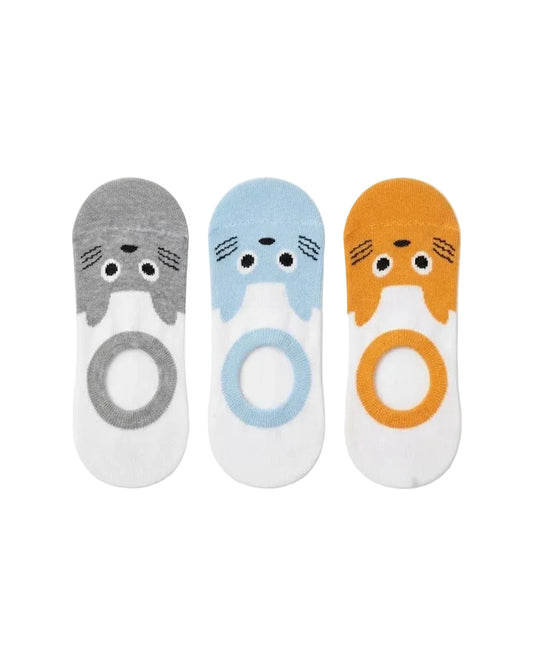 Women's printed cat socks 3-pack in grey, blue, and yellow by TREE   