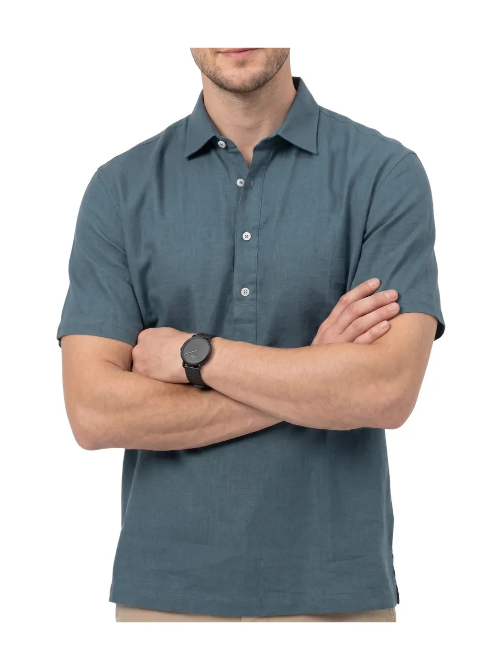 Front view of a man wearing a casual petrol half-button textured shirt by TREE