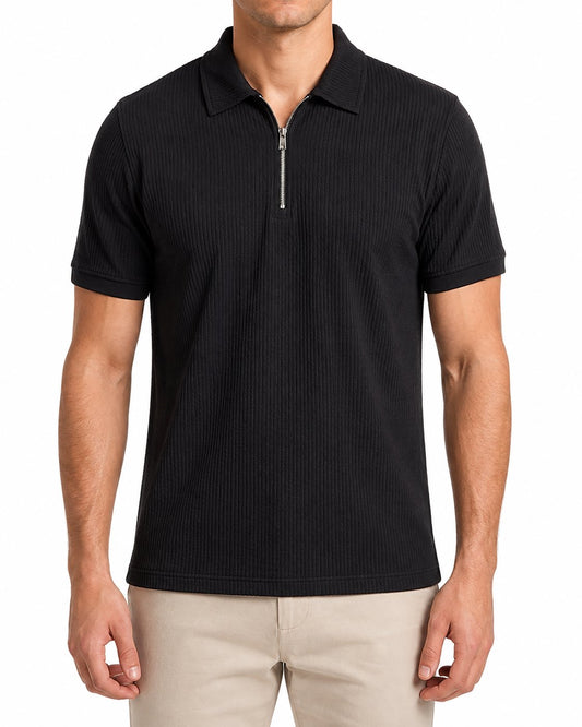 Men’s Black Textured Zip Polo Shirt – Regular Fit