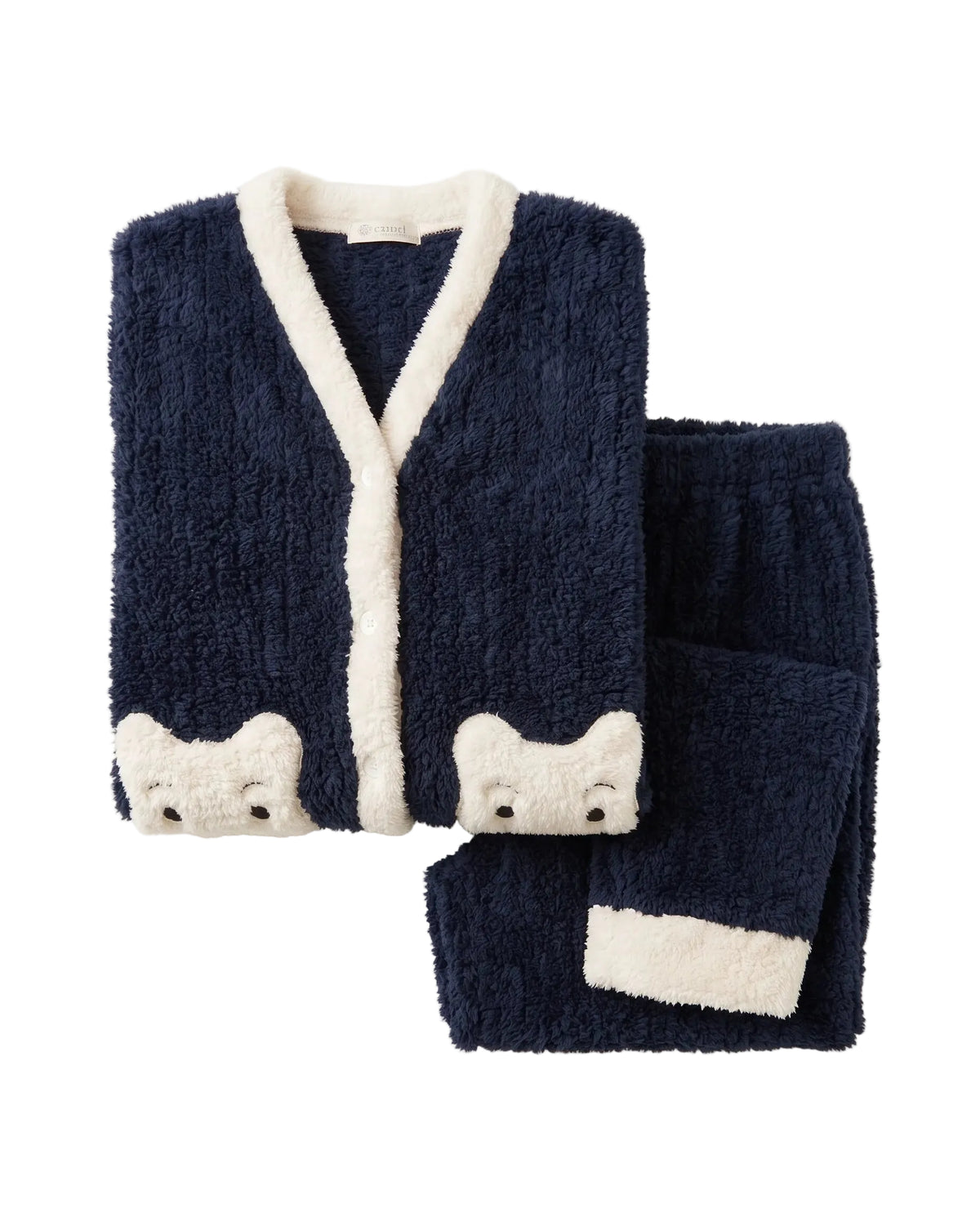 A navy blue plush pajama set consisting of a cardigan and matching pants, featuring cream-colored faux-fur trim, a cream placket, and bear face details on the front of the cardigan.