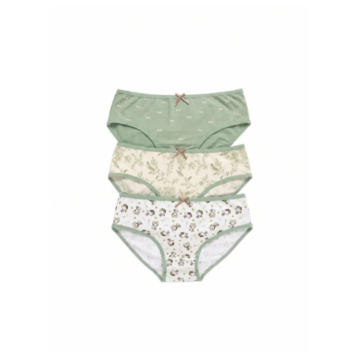 Women's 3-pack printed cotton bikini underwear set featuring solid green, floral leaf print, and cat graphic design with bow details by TREE