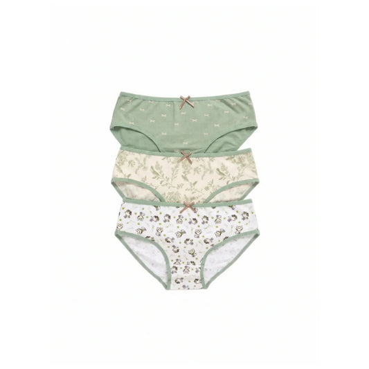 Women's 3-pack printed cotton bikini underwear set featuring solid green, floral leaf print, and cat graphic design with bow details by TREE