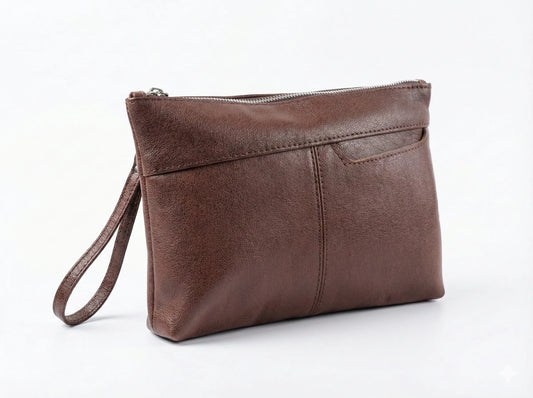 A brown leather clutch pouch with a wrist strap, zippered top, and a side pocket, shown on a plain white background.
