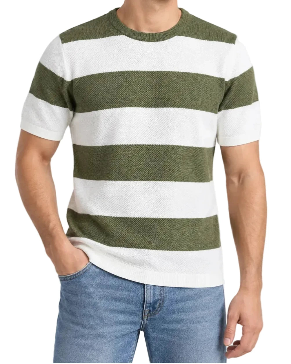 A man wearing a short-sleeve knit crewneck sweater with horizontal olive green and white stripes, paired with blue jeans, shown against a plain white background.