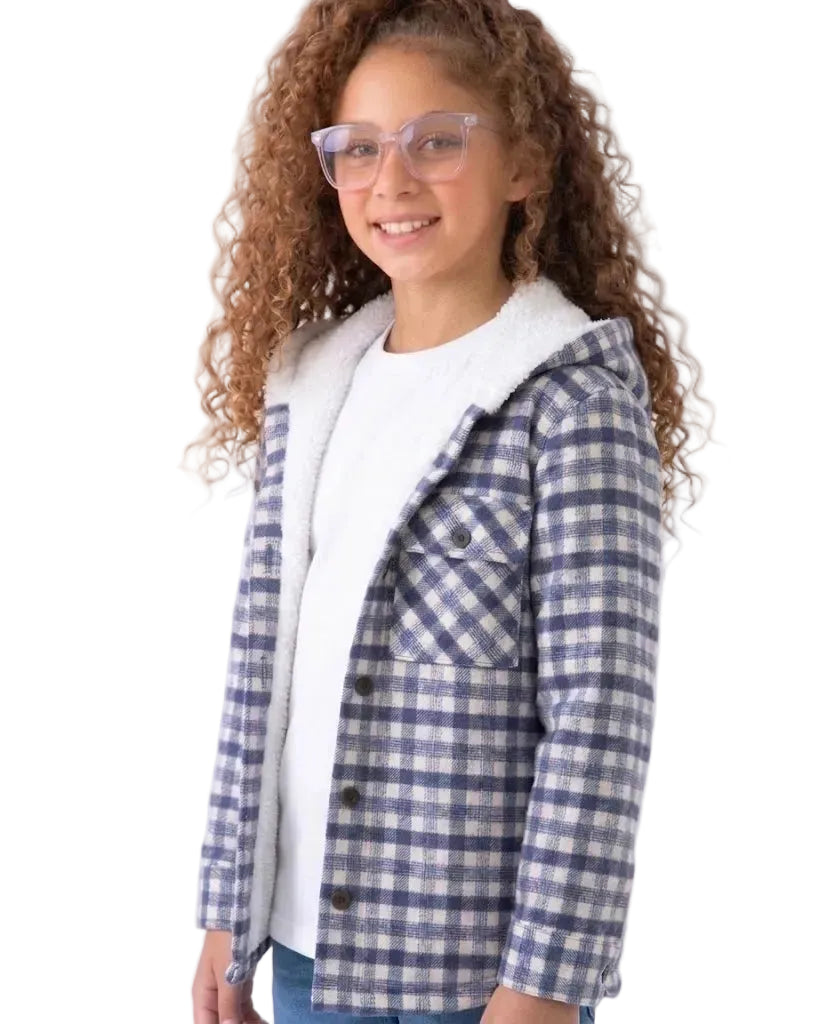 A young girl with curly brown hair and clear-framed glasses wearing a blue and white gingham plaid hooded jacket with a white sherpa lining over a white t-shirt, photographed against a plain white background.