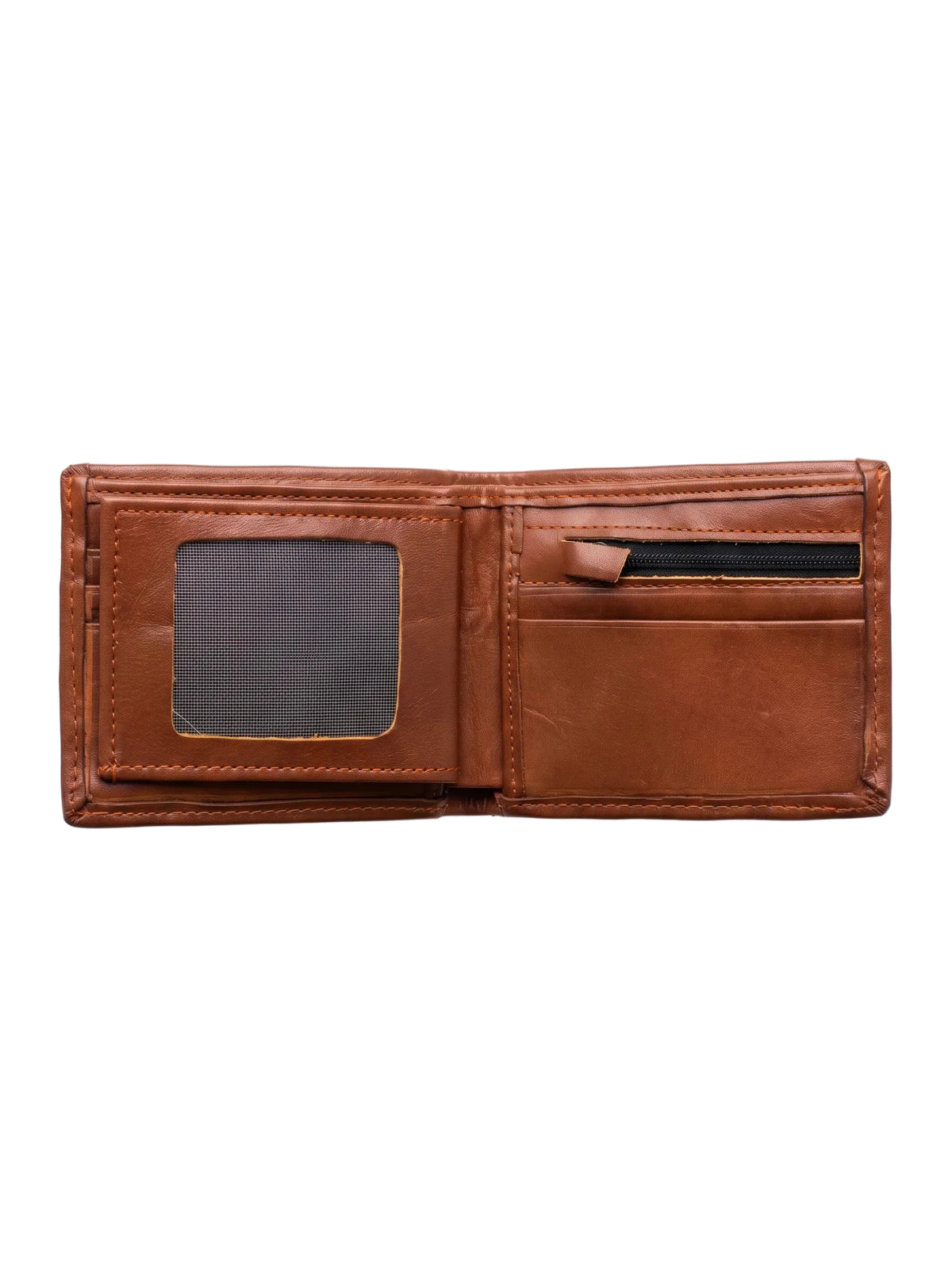 An open brown leather bi-fold wallet with multiple card slots, a pen loop, and a clear ID window on the left side, shown against a plain white background.